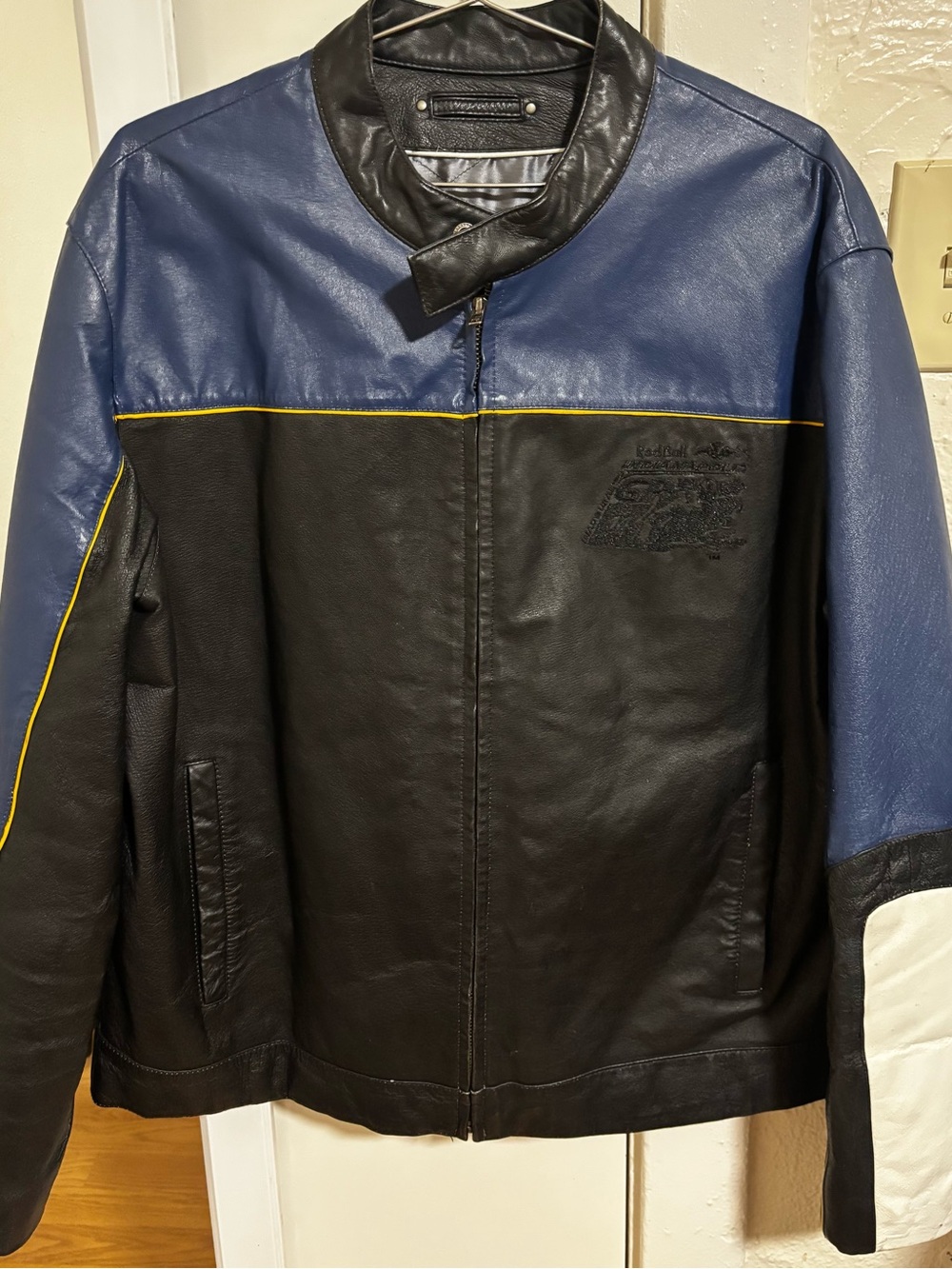 Men's Leather Colorblock Jacket - Black & Navy with Yellow Trim limited edition